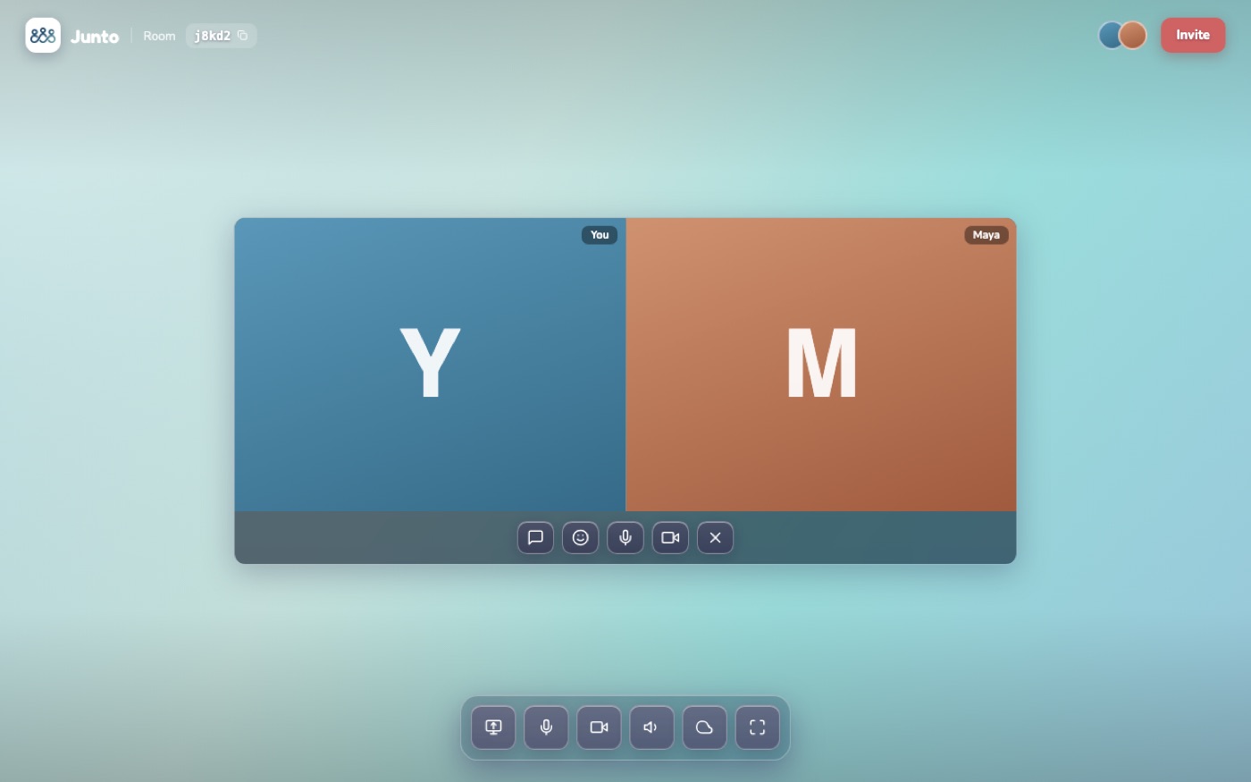 A Junto room with a shared tab, camera bubbles and chat